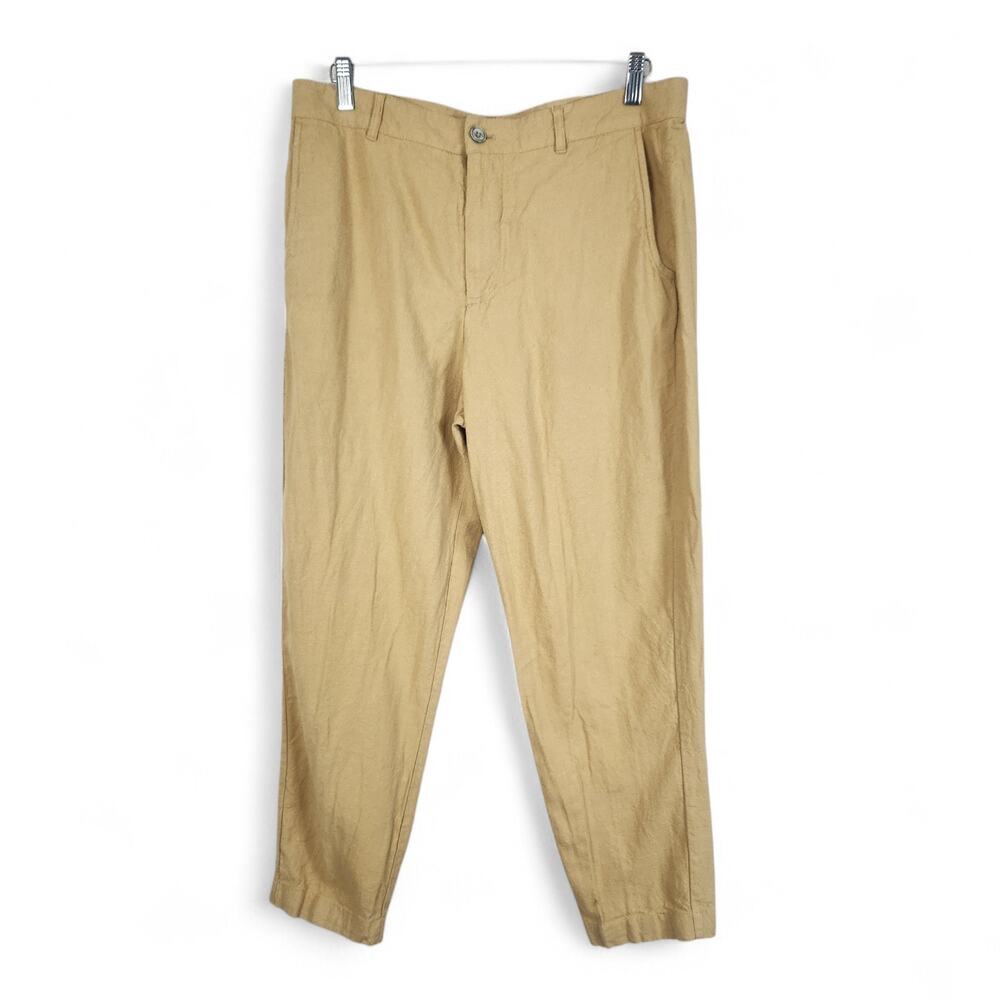 ZARA Men's European Linen Blend Trousers 32 x 27 Yellow Minimalist Ankle Pant